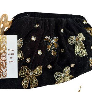 From India to You Raven Velvet w/Gold Bow Potli Clutch w/crossbody strap